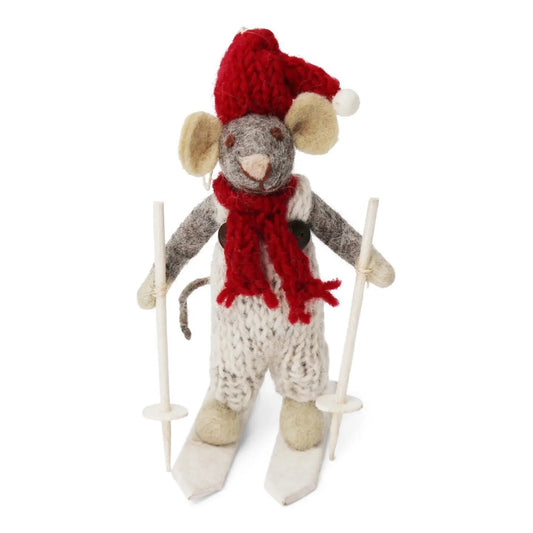 Felt Grey Mouse - on Skis in Overalls