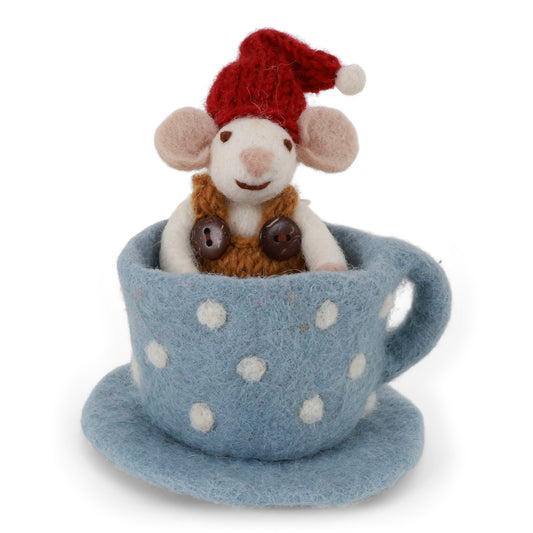 Felt White Mouse - in Blue Coffee Cup