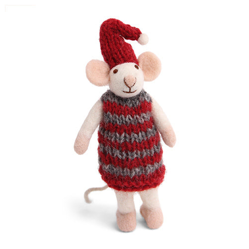 Felt White Mouse - in Striped Dress