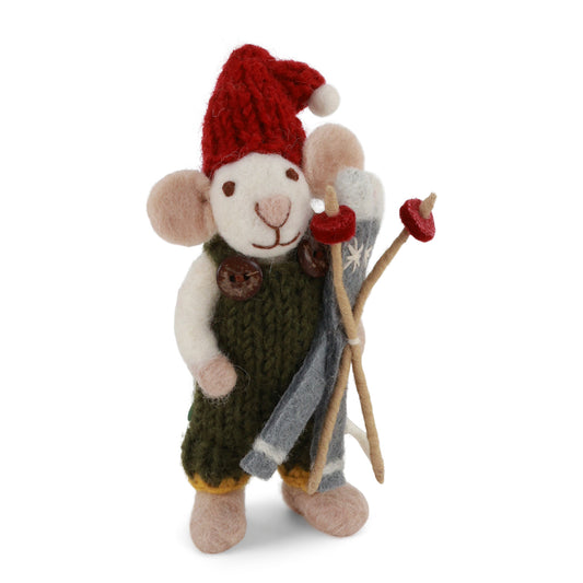 Felt White Mouse - with Skis in Overalls
