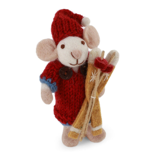 Felt White Mouse - with Skis in Dress