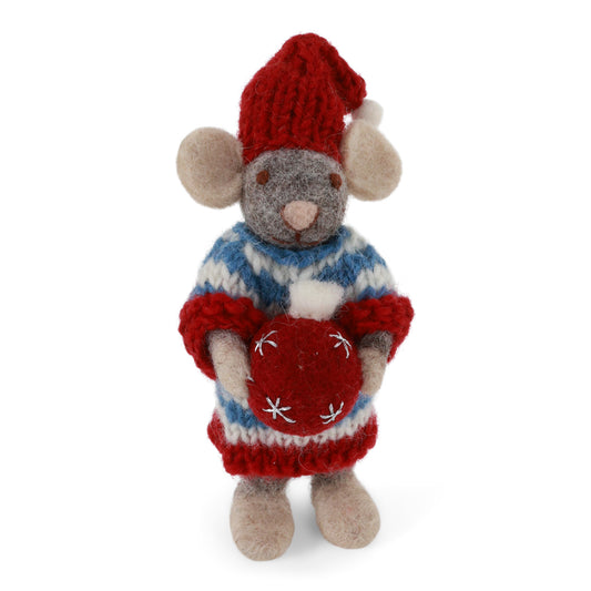 Felt Grey Mouse - with Christmas Bauble in Dress