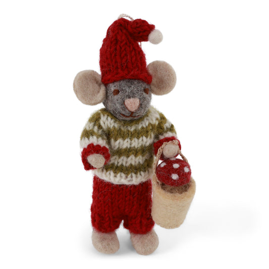 Felt Grey Mouse - with Mushroom Bucket