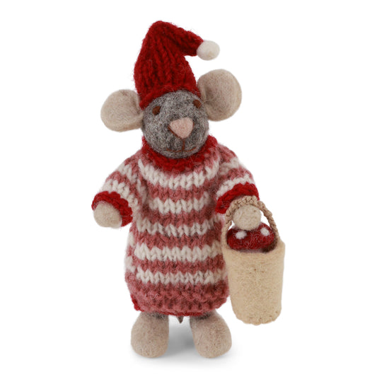 Felt Grey Mouse - with Mushroom Bucket in Dress