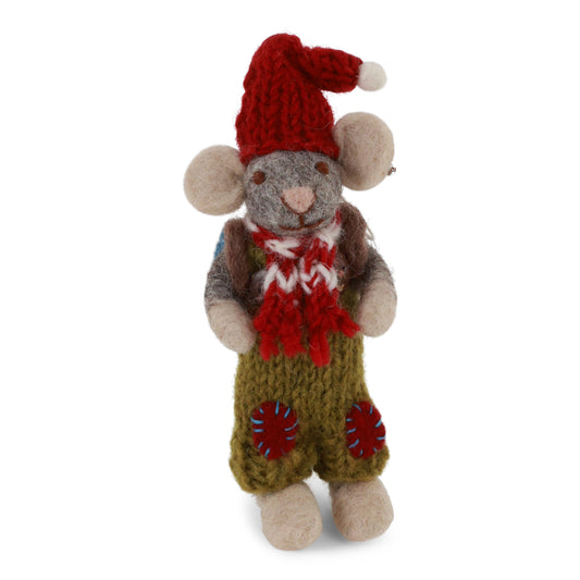 Felt Grey Mouse - in Green Overalls & Backpack