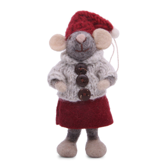 Felt Grey Mouse - in Red Dress & Grey Sweater