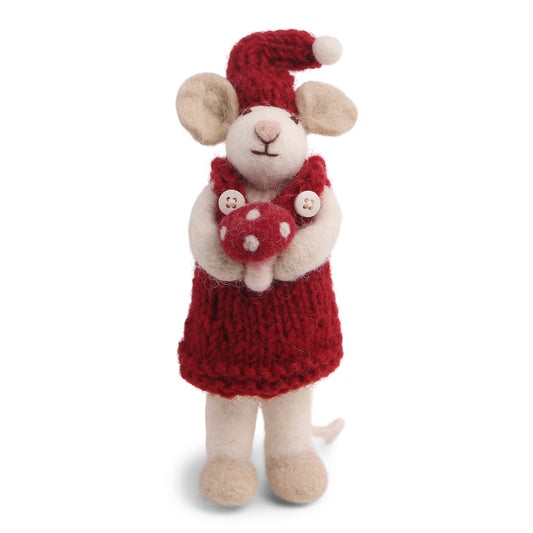 Felt White Mouse - with Mushroom in Dress