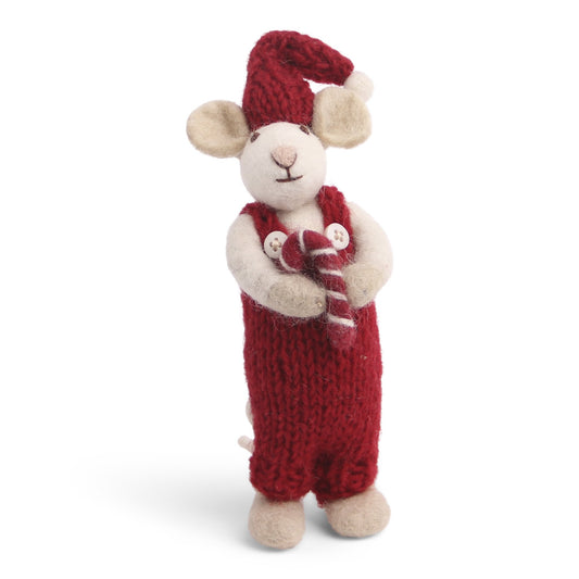 Felt White Mouse - with Candy Cane in Overalls