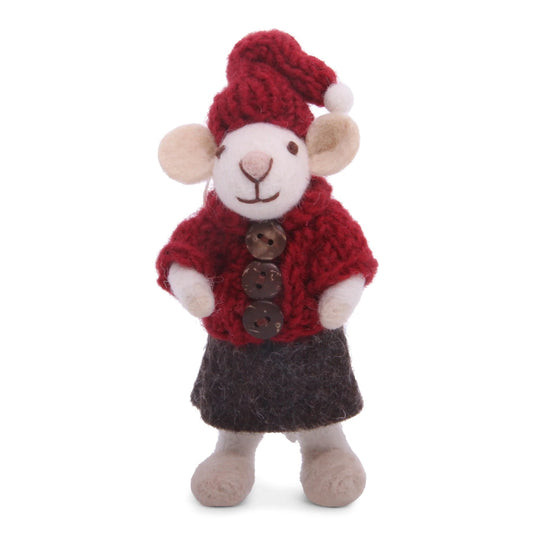 Felt White Mouse - in Brown Dress & Red Sweater