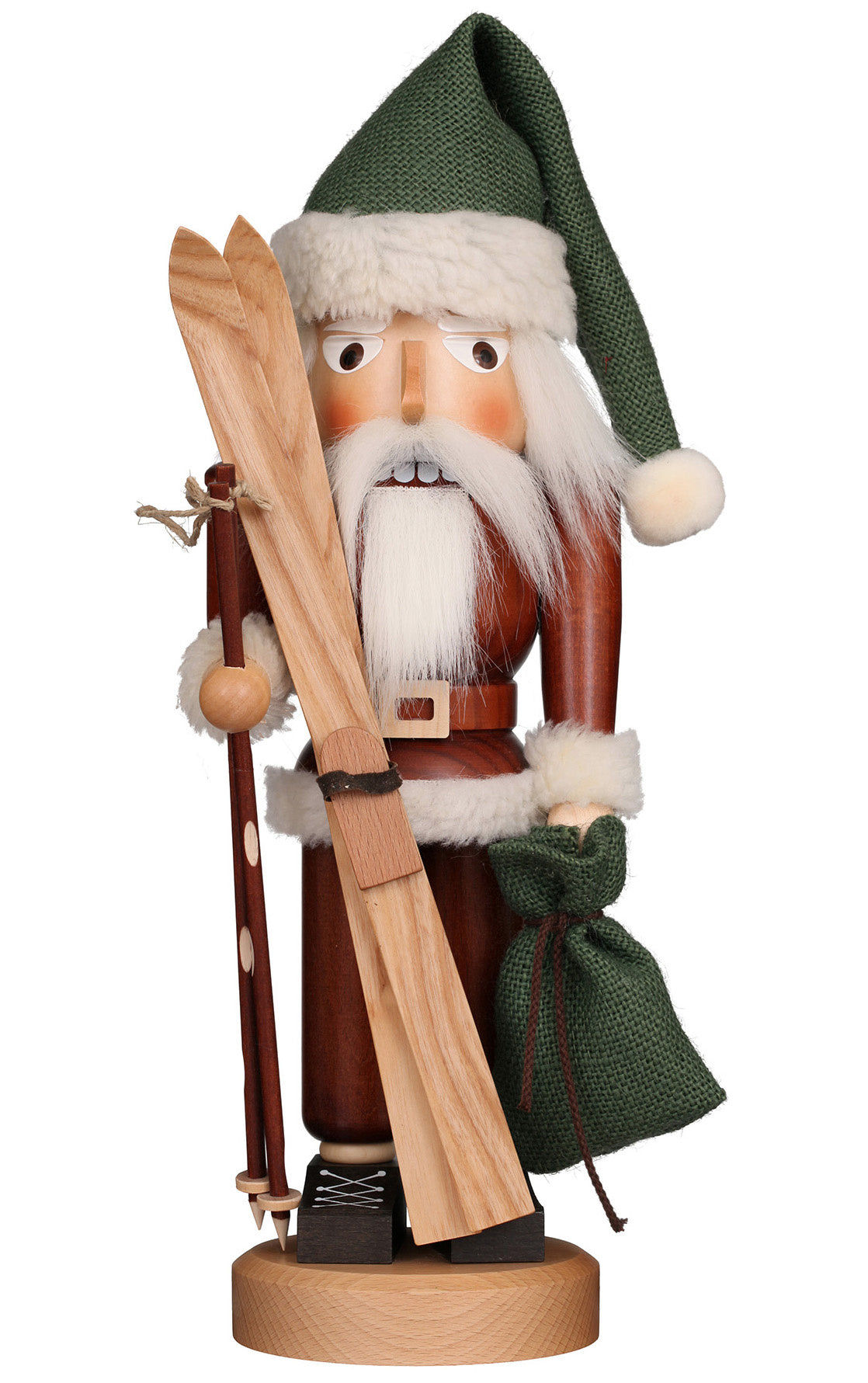 Nutcracker - Santa Skier Natural with Green Hat and Bag