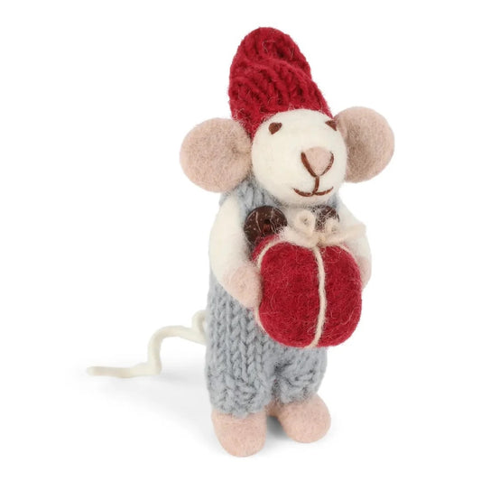 Felt White Mouse - with Present in Overalls