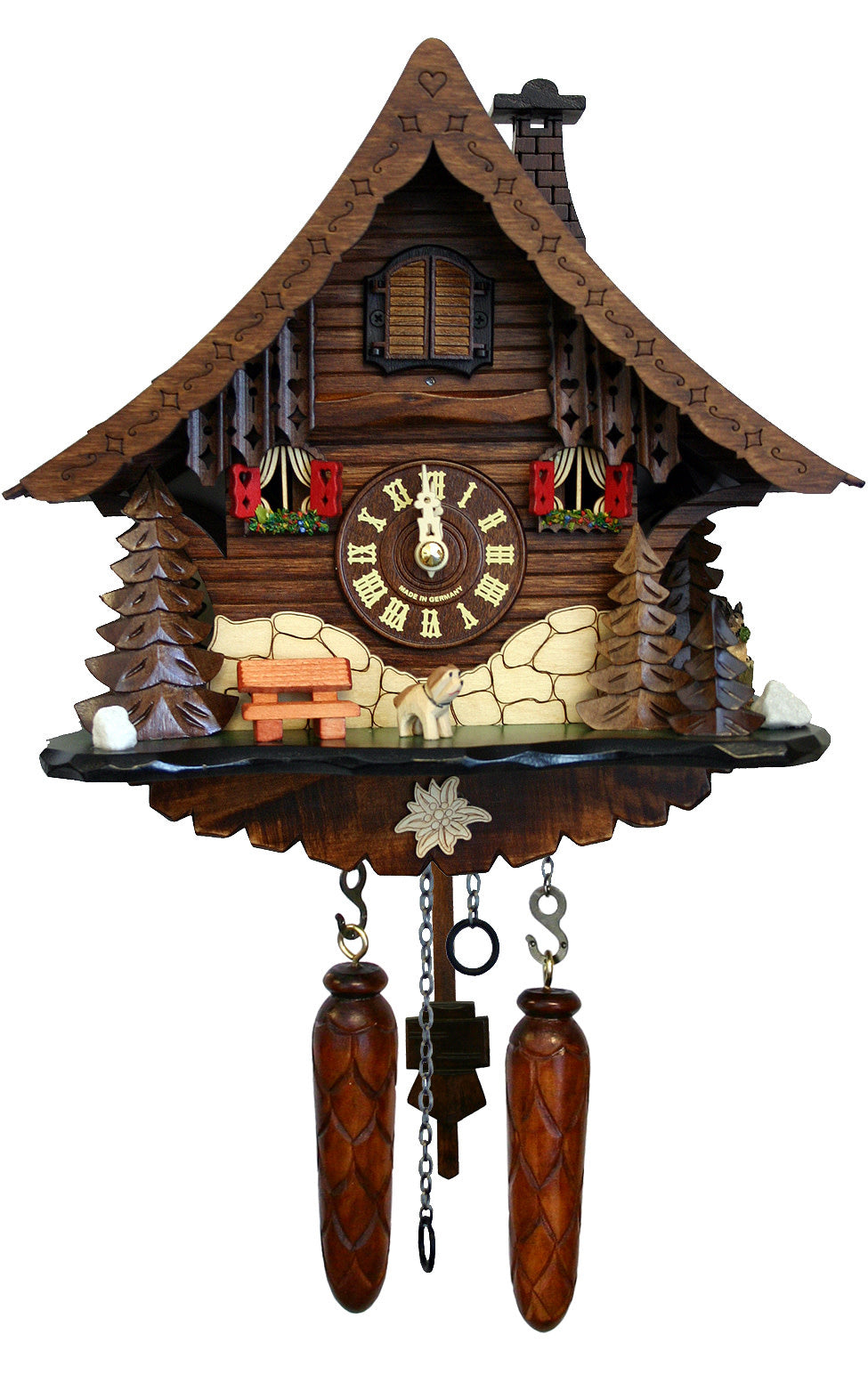 German Cuckoo Clock - Chalet with Bench & Dog