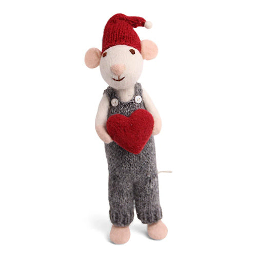 Big Felt White Mouse - with Heart in Overalls