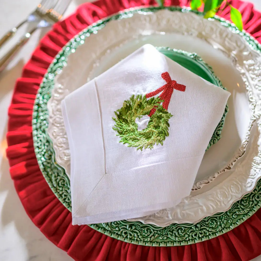 Napkin Large - Holiday Boxwood Wreath White with Red Ribbon