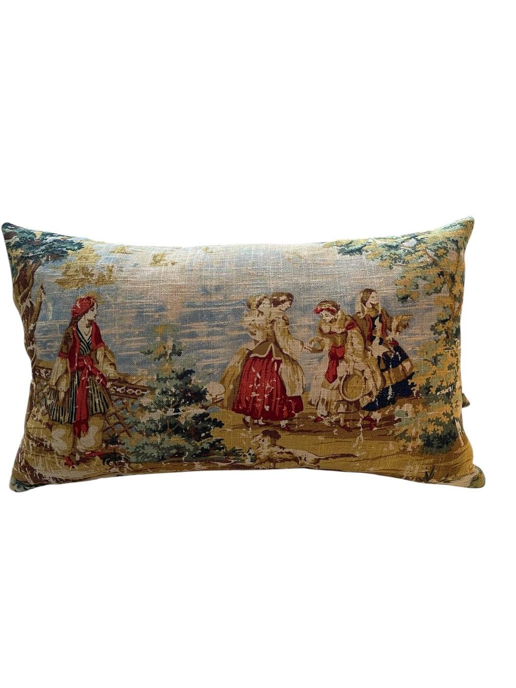 Pillow Lumbar - Old World Toile in Blue/Red with Feather Insert