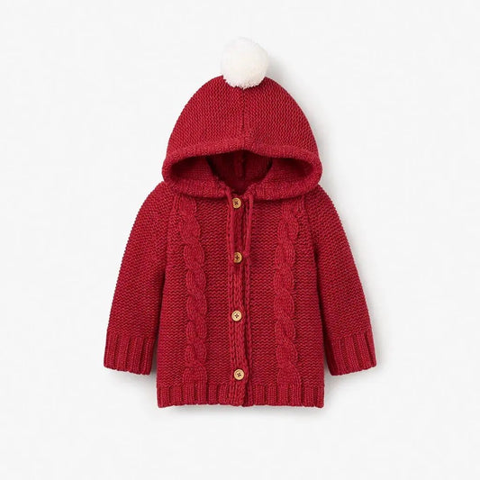 Cardigan Sweater - Red with Pom Pom Hood