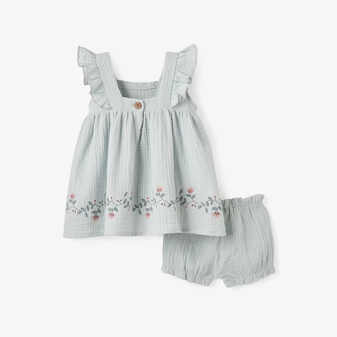 Dress with Bloomers - Embroidered Floral Aqua