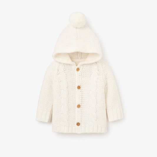 Cardigan Sweater - White with Pom Pom Hood
