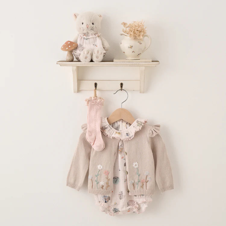 Cardigan Sweater - Embroidered Floral Flutter Sleeve Taupe