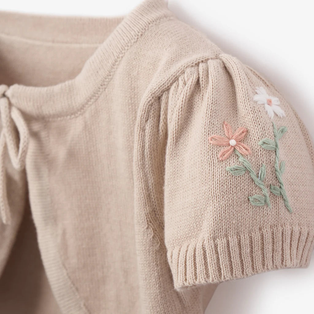 Cardigan Sweater - Embroidered Floral Bolero Taupe