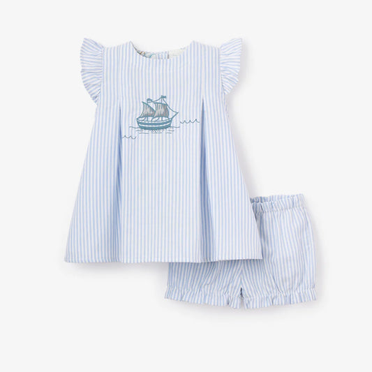 Dress with Bloomers - Embroidered Sailboat Oxford Stripe Blue