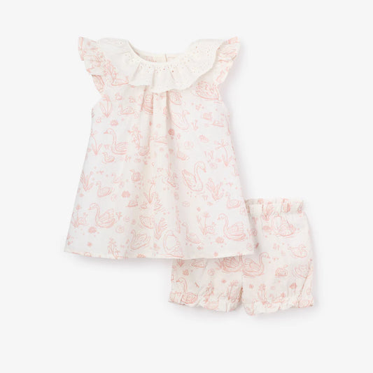 Dress with Bloomers - Swan Toile Swiss Dot