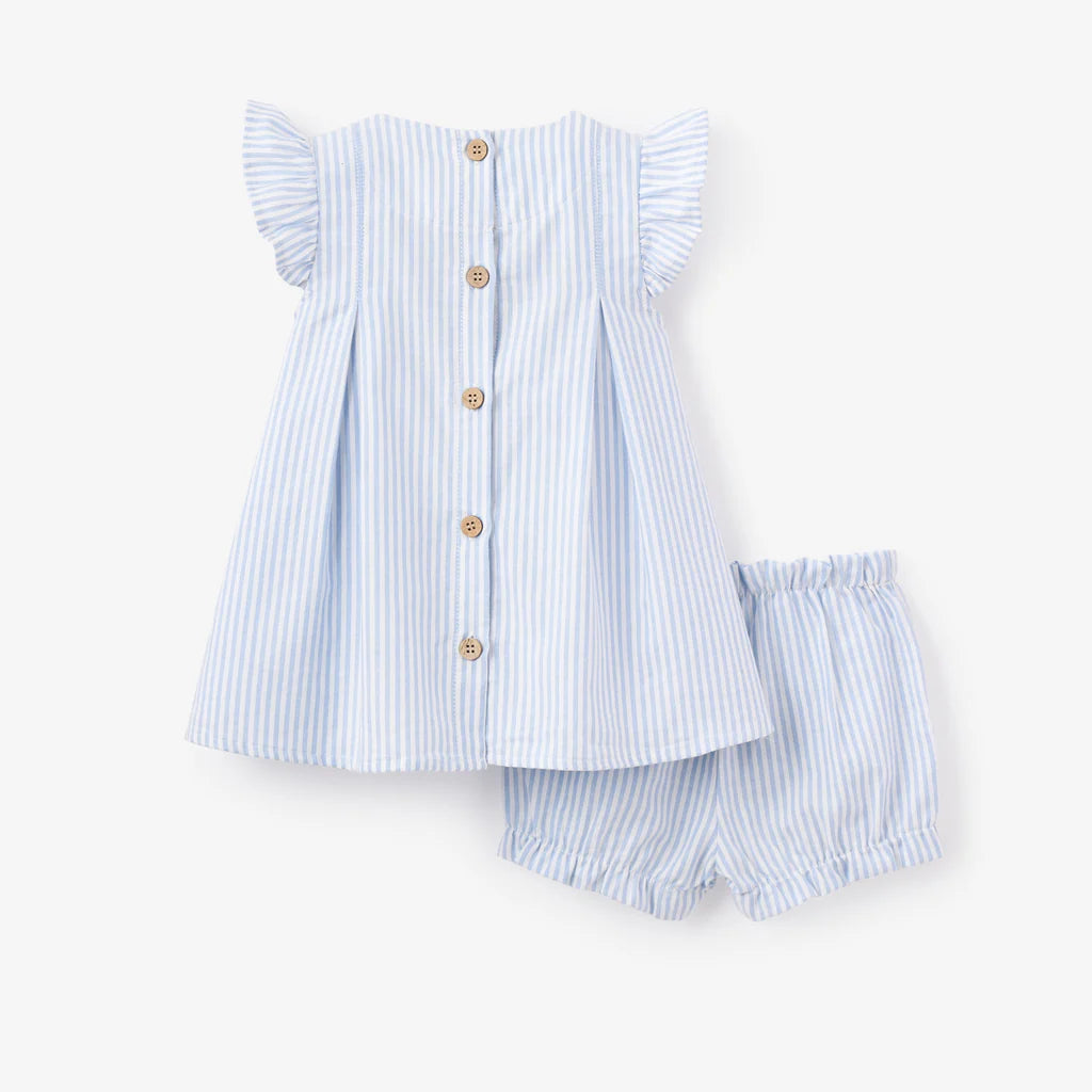 Dress with Bloomers - Embroidered Sailboat Oxford Stripe Blue