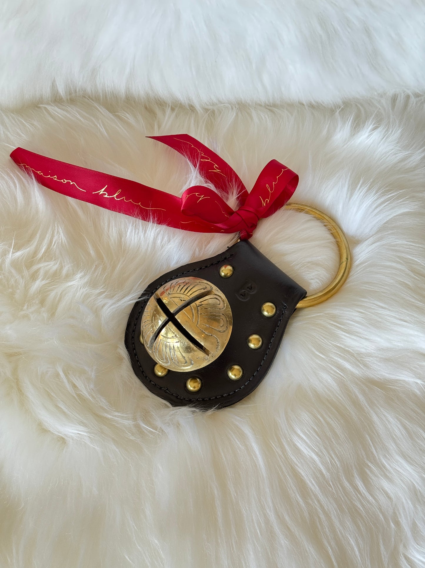 Solid Brass Sleigh Bells - Stitched & Studded Teardrop - Black
