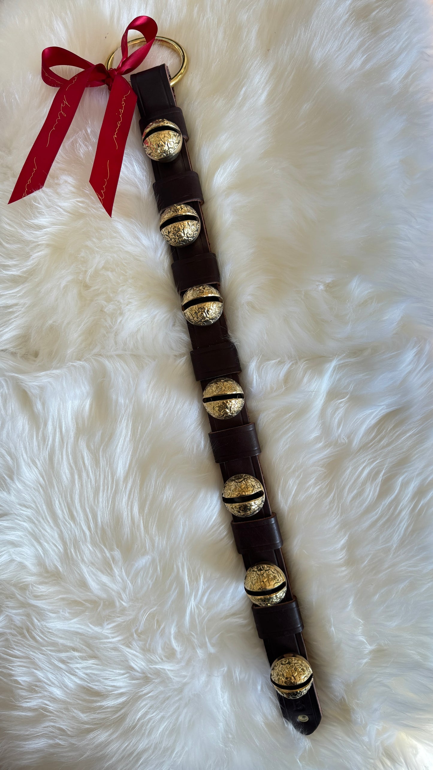 Solid Brass Sleigh Bells - Stitched 7 Raspberry Bell Strap - Dark Brown
