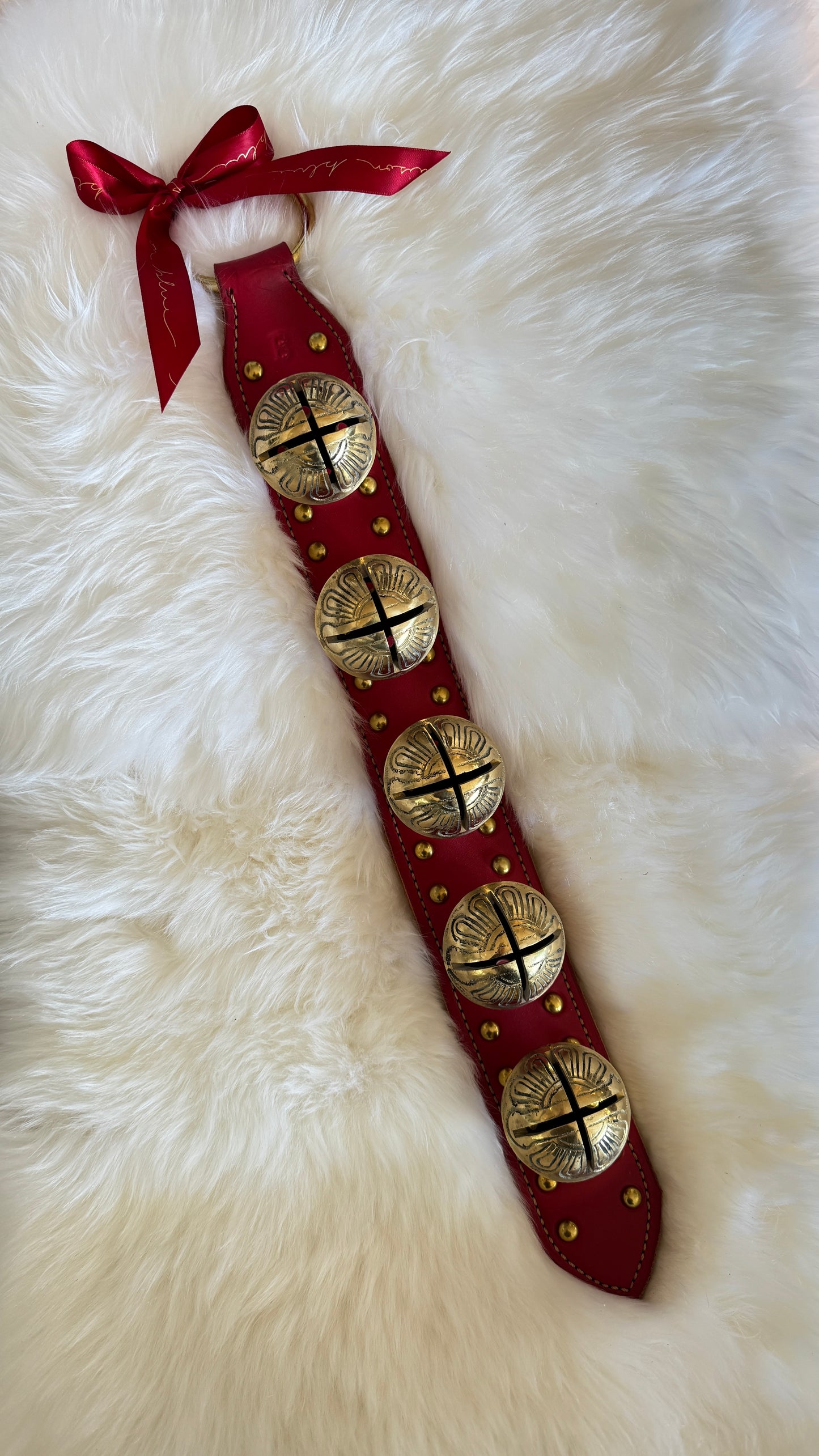 Solid Brass Sleigh Bells - Stitched & Studded 5 Bell Strap - Red