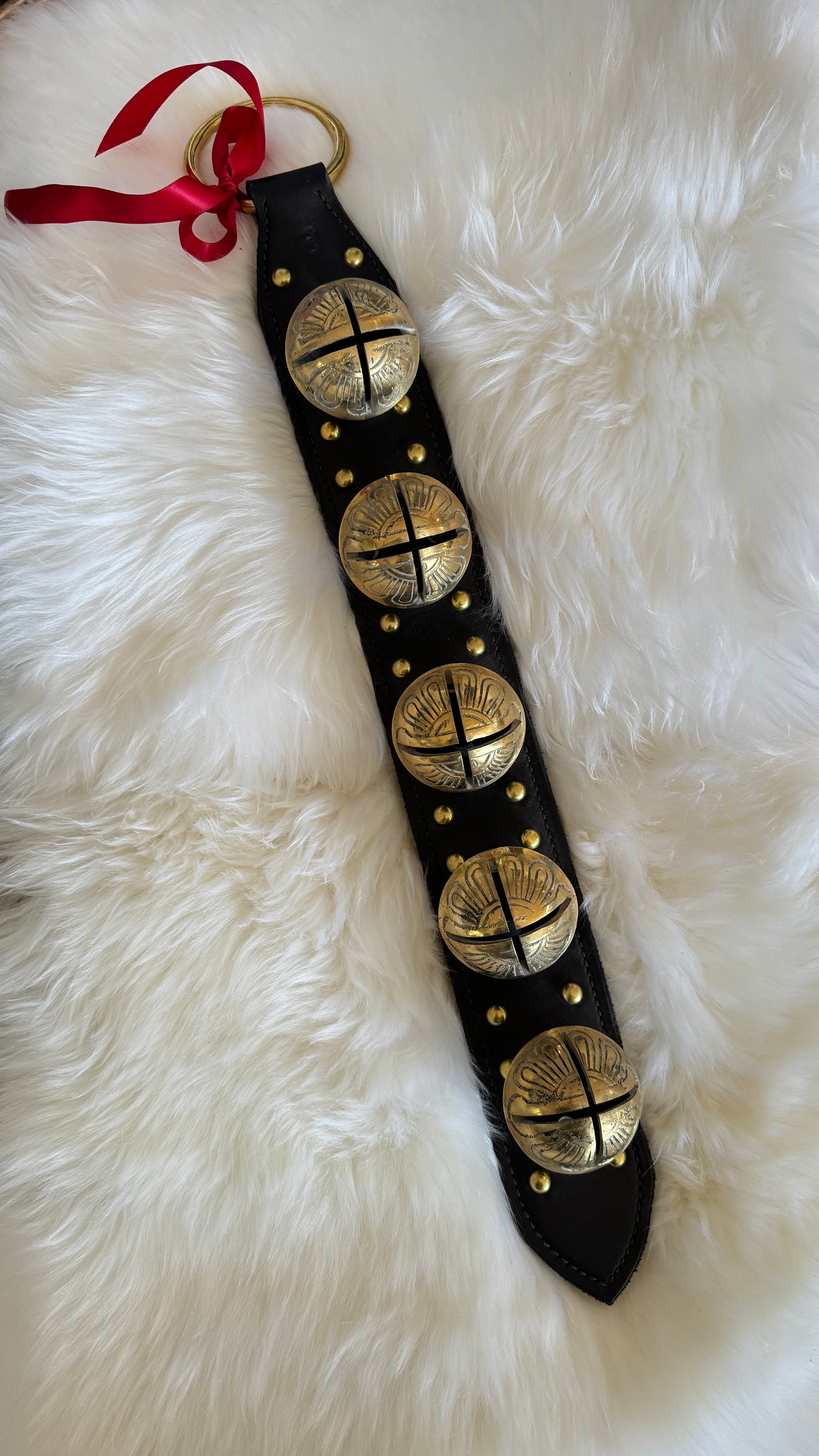 Solid Brass Sleigh Bells - Stitched & Studded 5 Bell Strap - Black