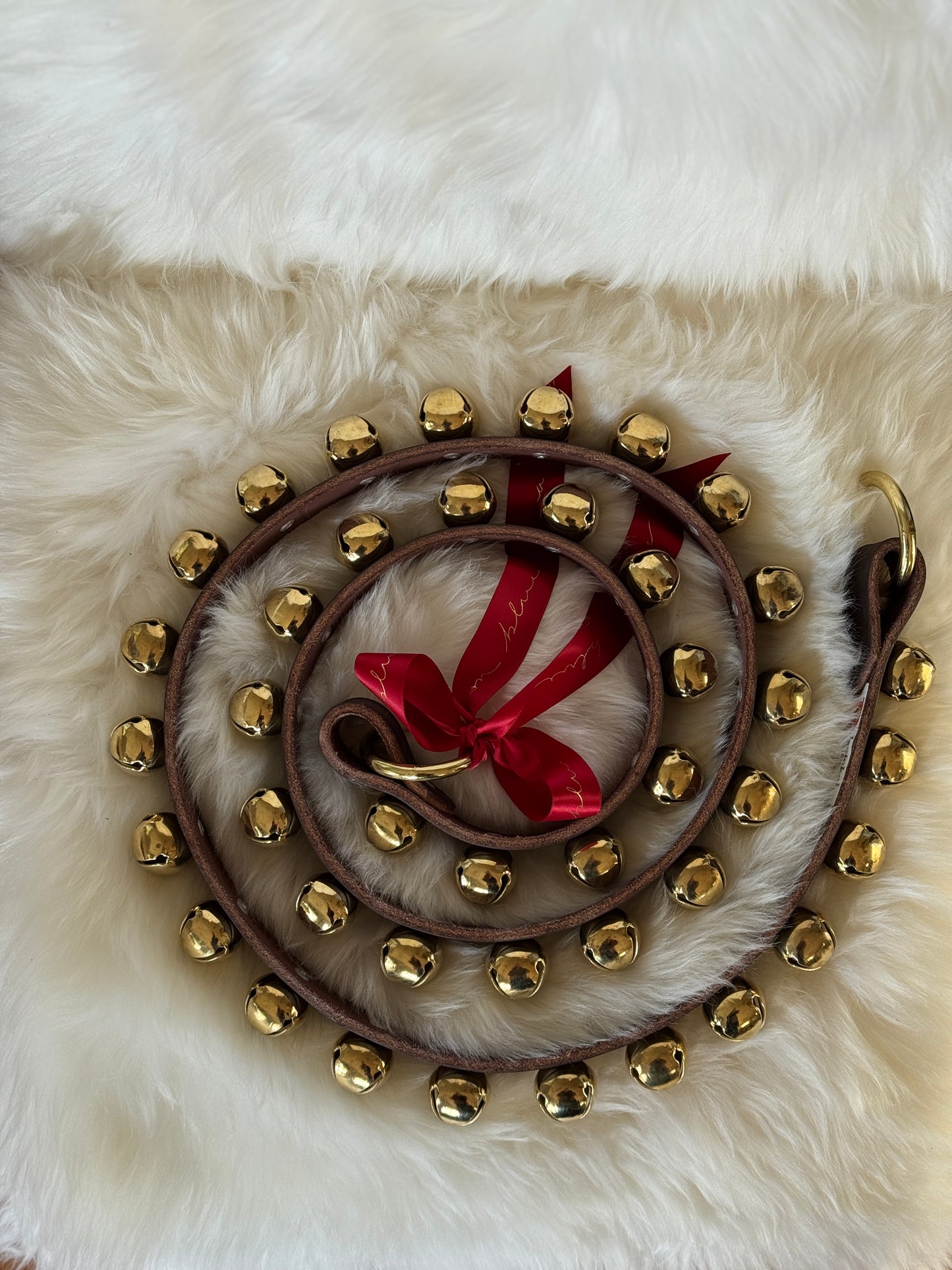 Solid Brass Sleigh Bells - Narrow Strap 60” Ring Ends - Dark Brown