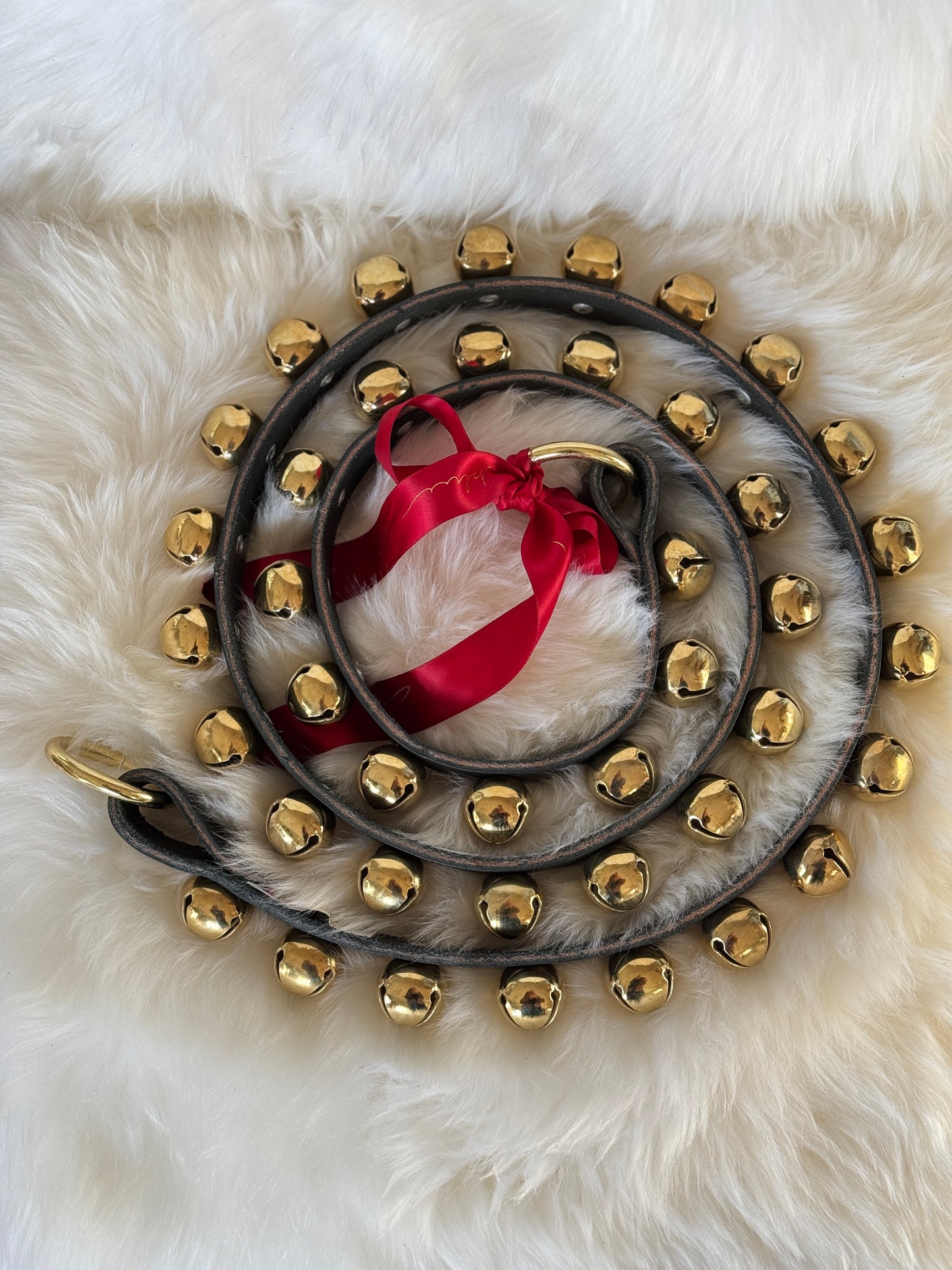 Solid Brass Sleigh Bells - Narrow Strap 60” Ring Ends - Black
