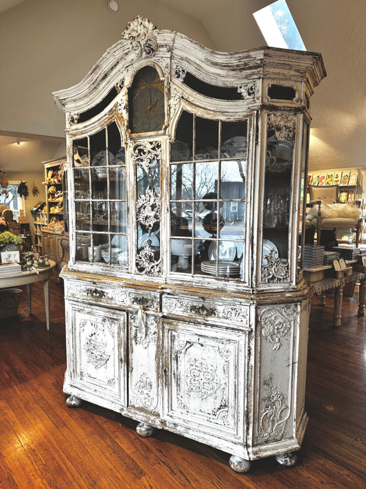 Antique Louis XV Vitrine with Original Brass Clock from France