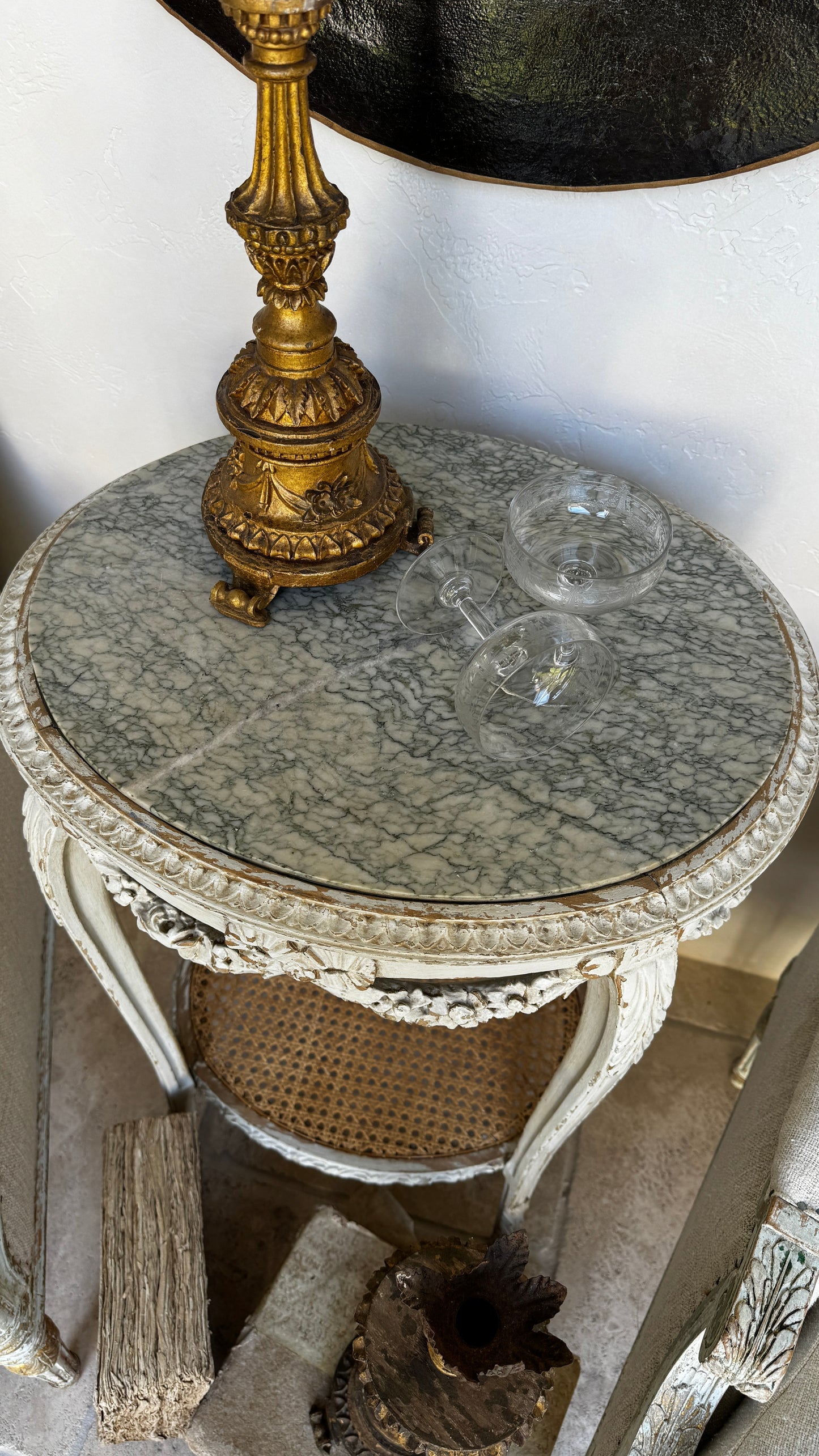 Antique French Cane & Marble Side Table