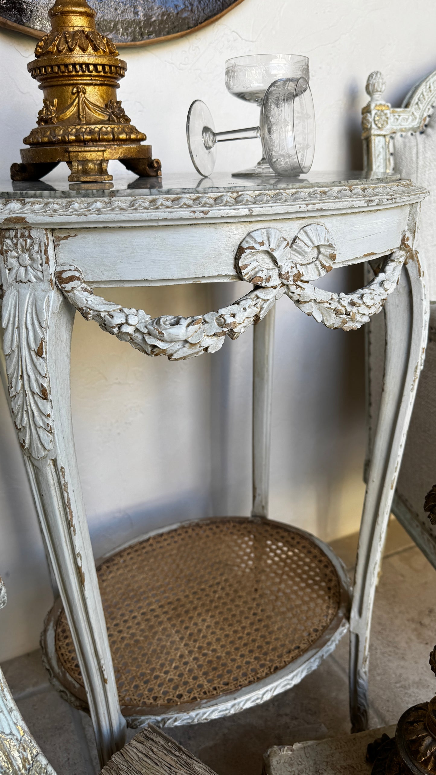 Antique French Cane & Marble Side Table