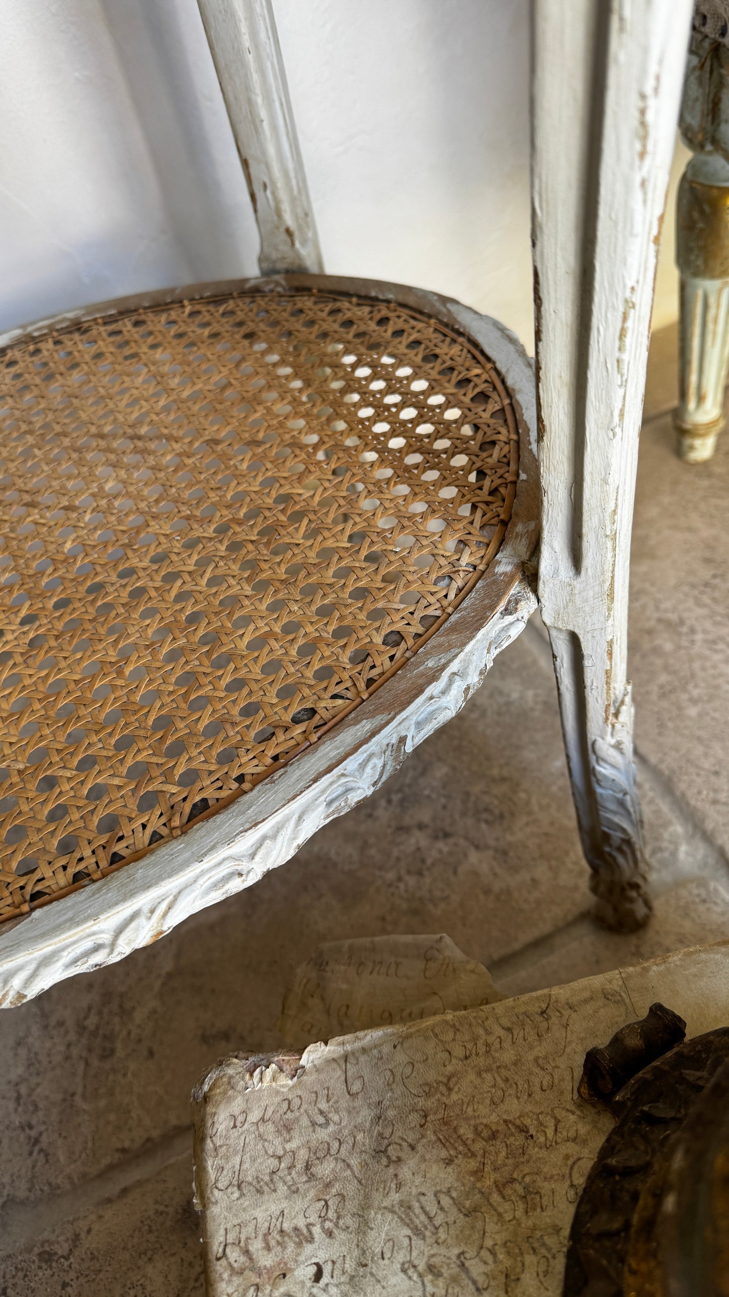 Antique French Cane & Marble Side Table