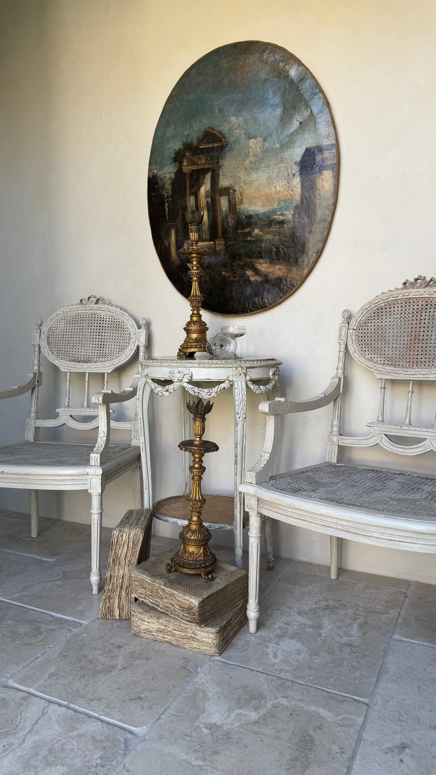 Antique French Cane & Marble Side Table