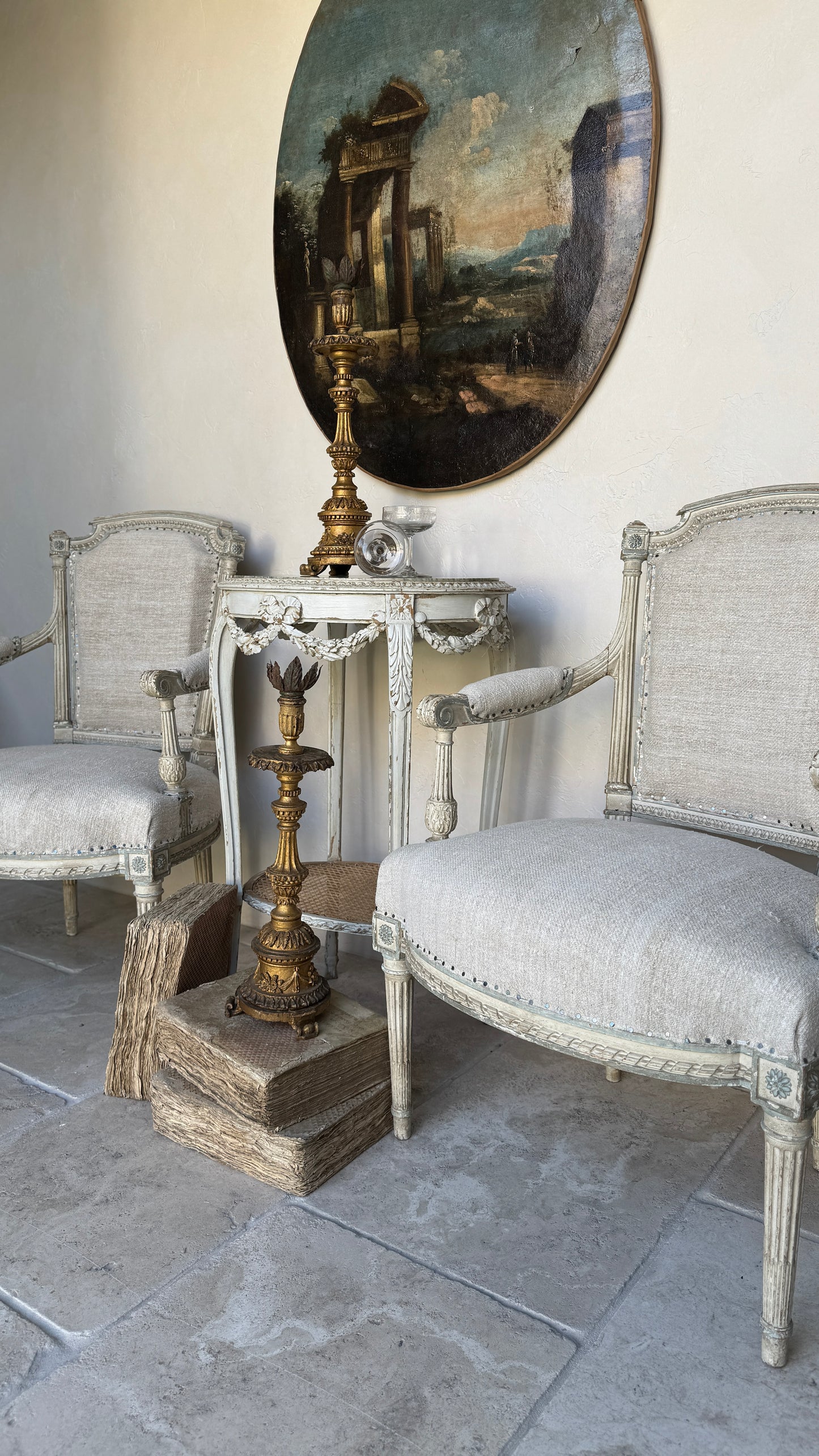 Antique French Cane & Marble Side Table