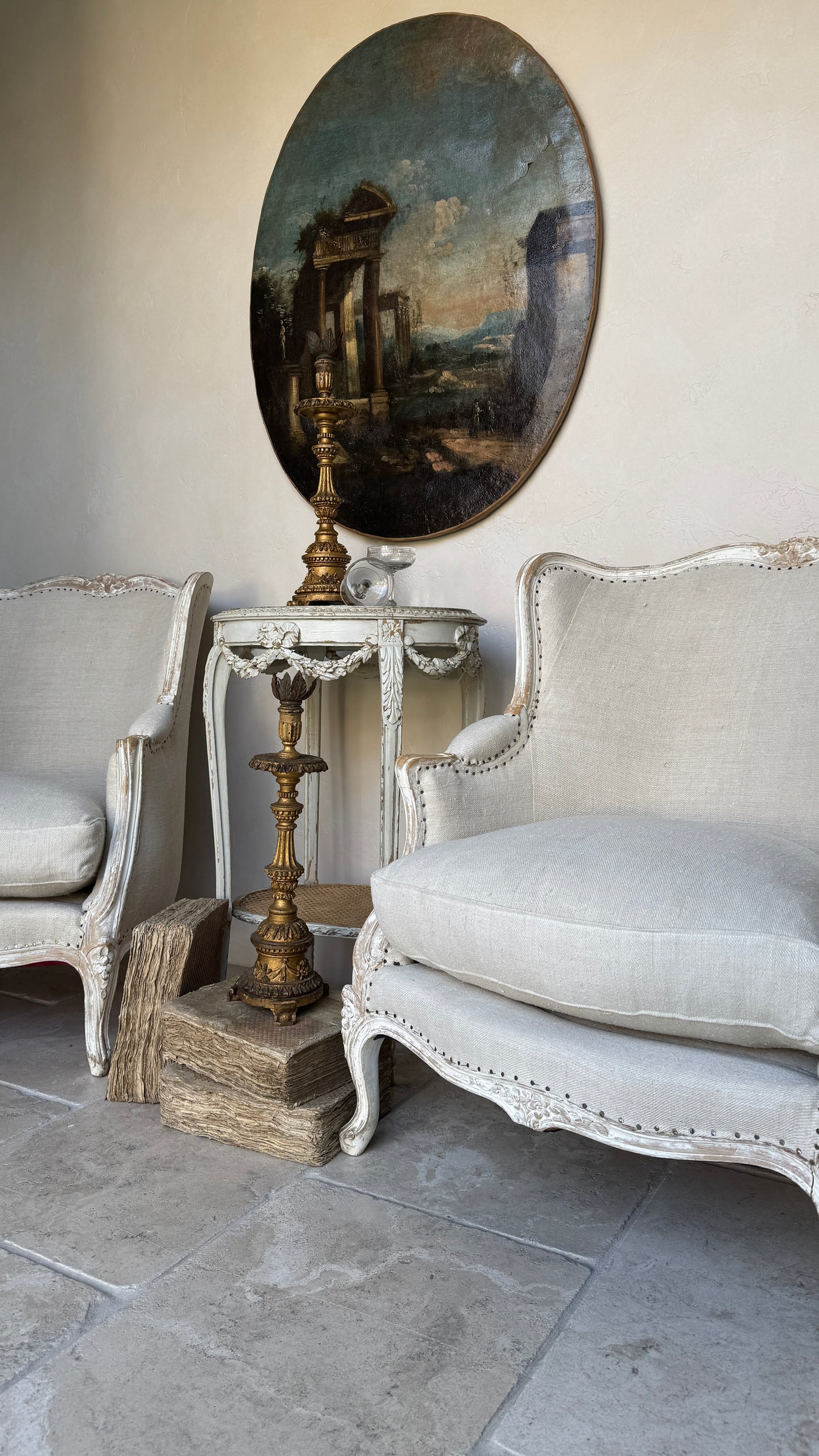 Antique French Cane & Marble Side Table