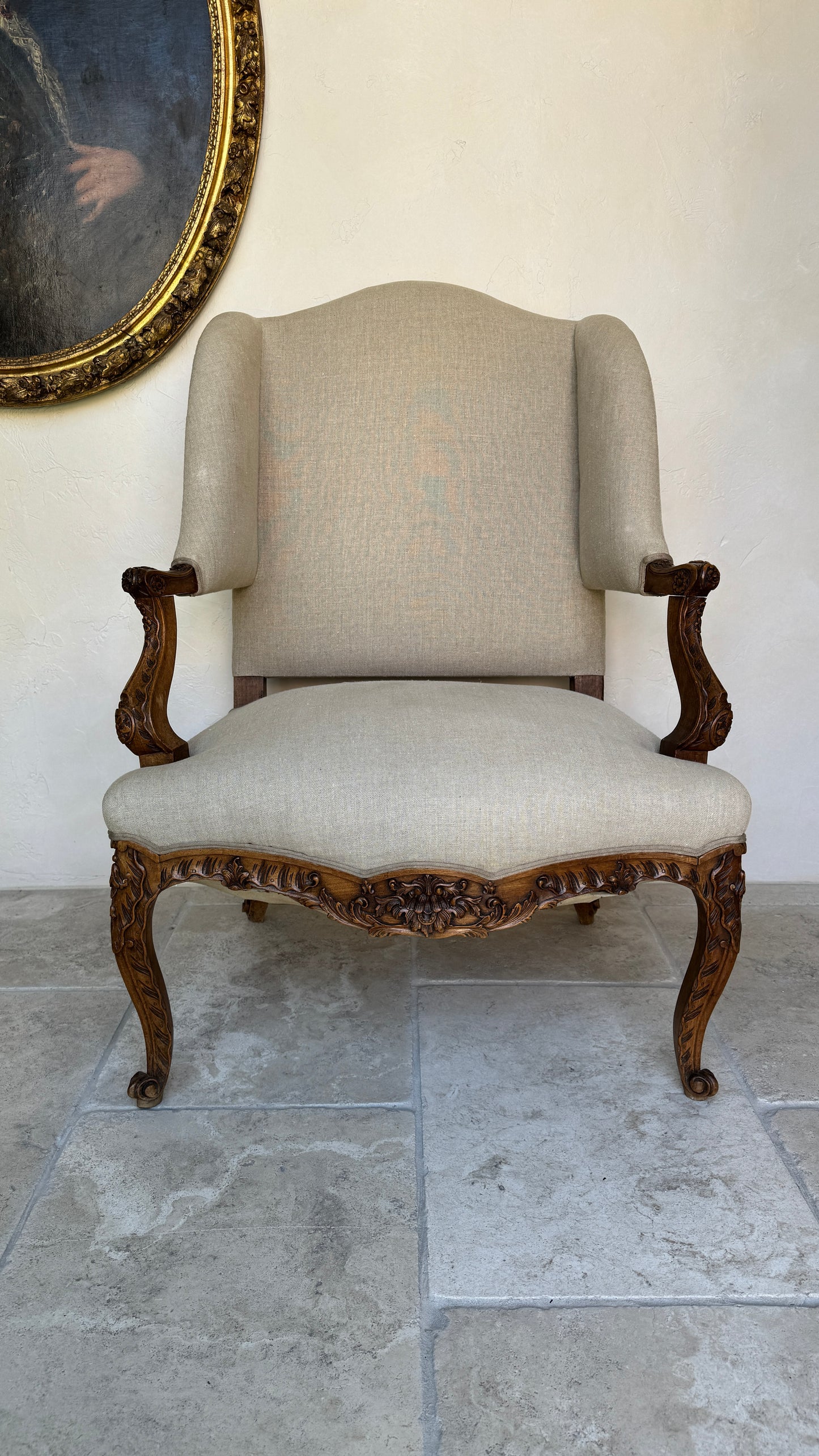 Antique Louis XV Style Carved Wingback Bergère Chair