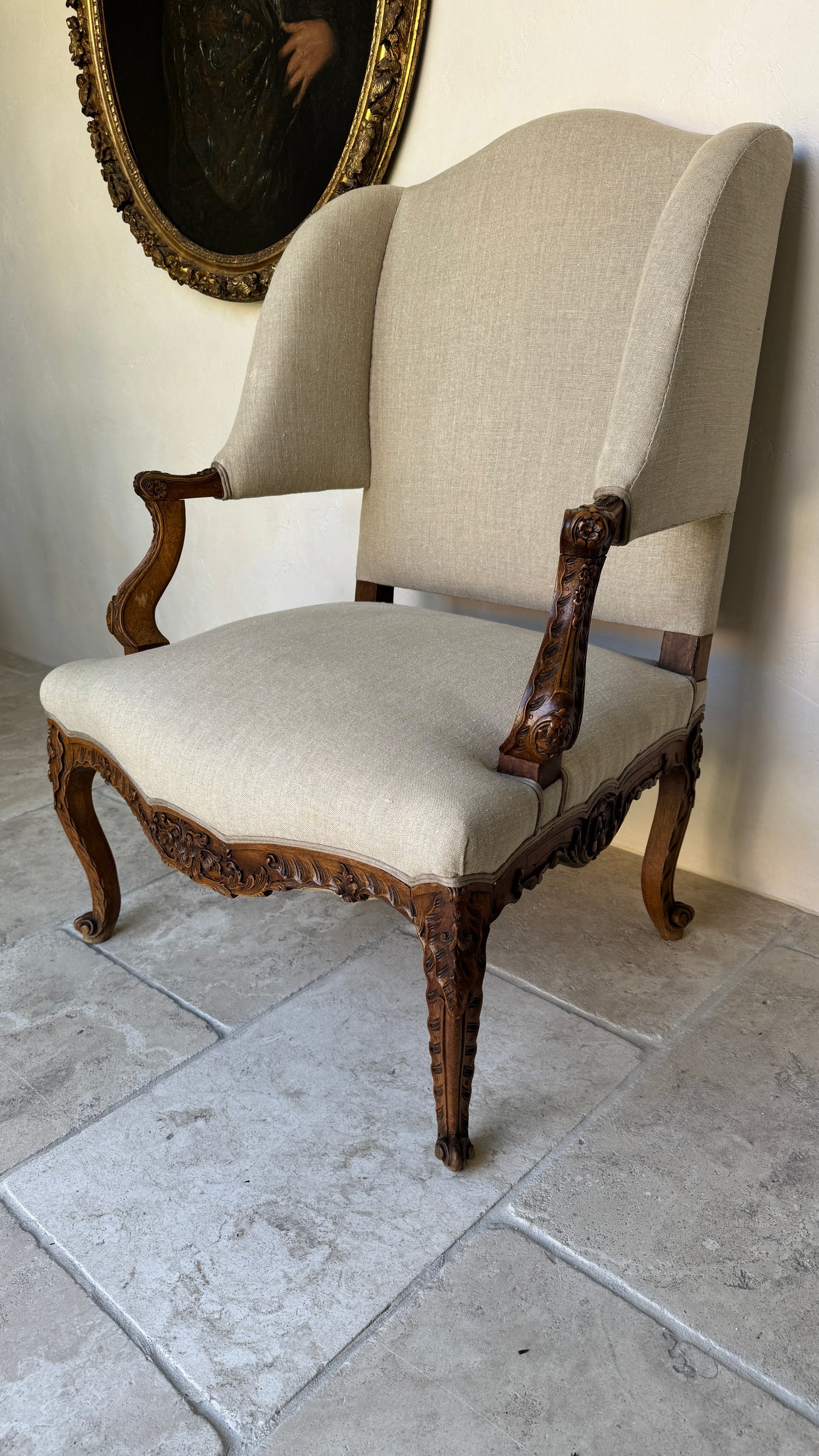 Antique Louis XV Style Carved Wingback Bergère Chair