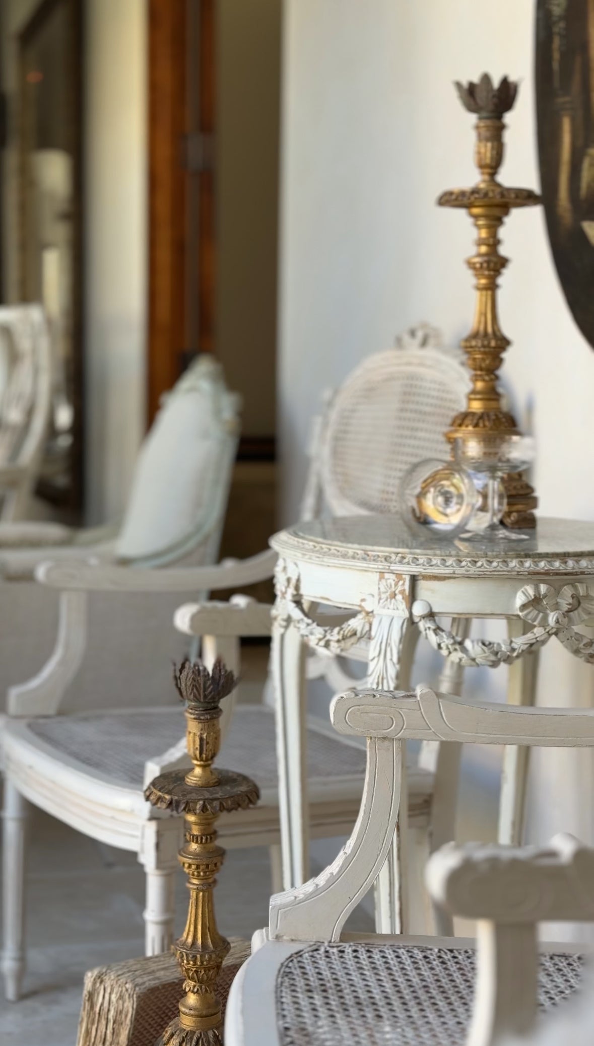 Antique French Cane & Marble Side Table