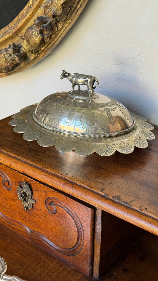 Antique Butter Dish with Cow on Lid found in France c1880