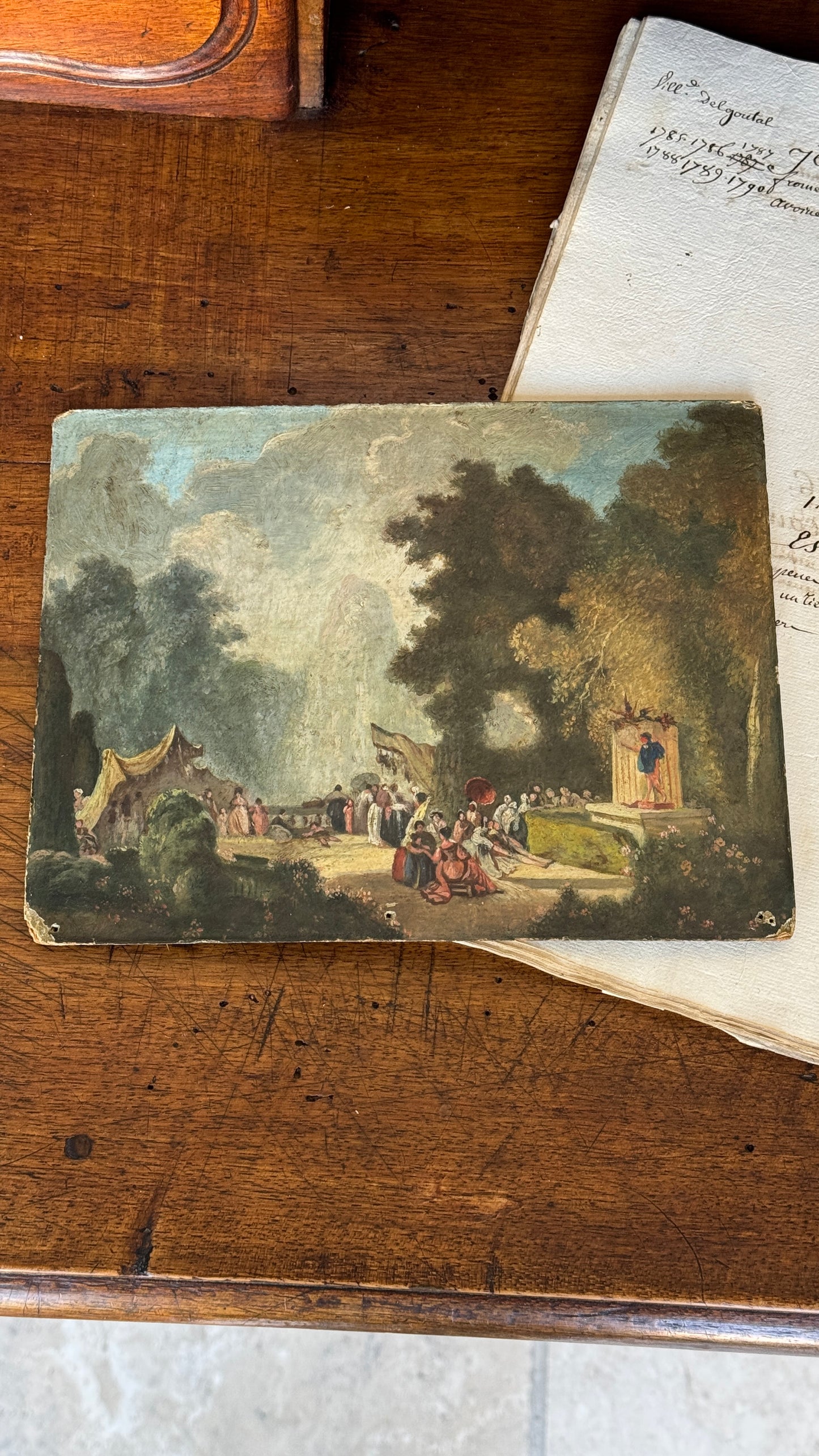 Antique French Painting on Board Garden Party