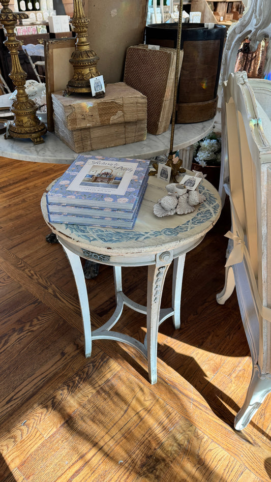 Antique French Petite White & Blue Side Table