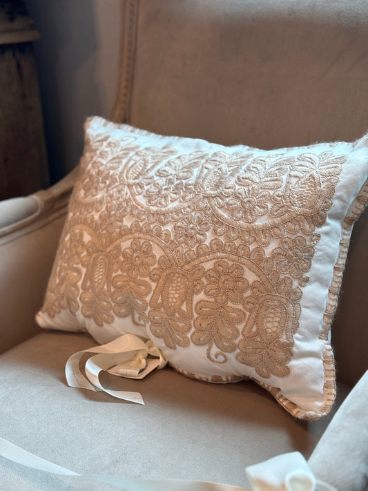Antique European Linen Pillow - White with Taupe Stitching Small