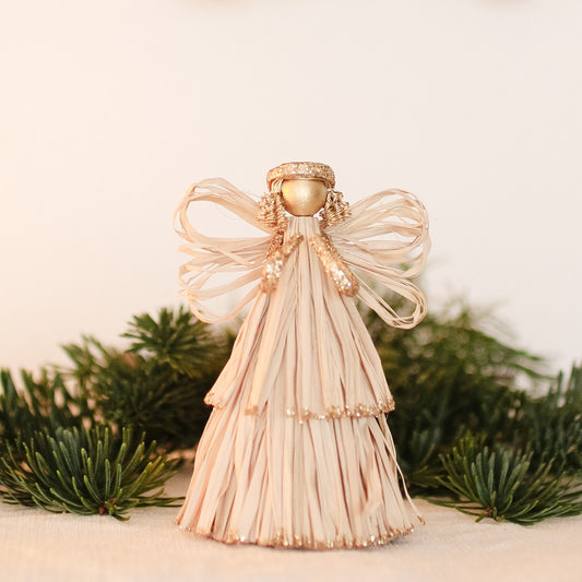 Ornament - Angel - Raffia Natural with Gold Glitter Edge 5"