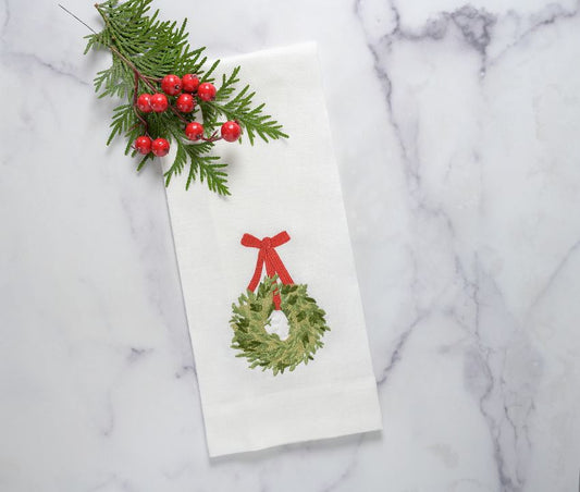 Towel - Holiday Boxwood Wreath White with Red Ribbon