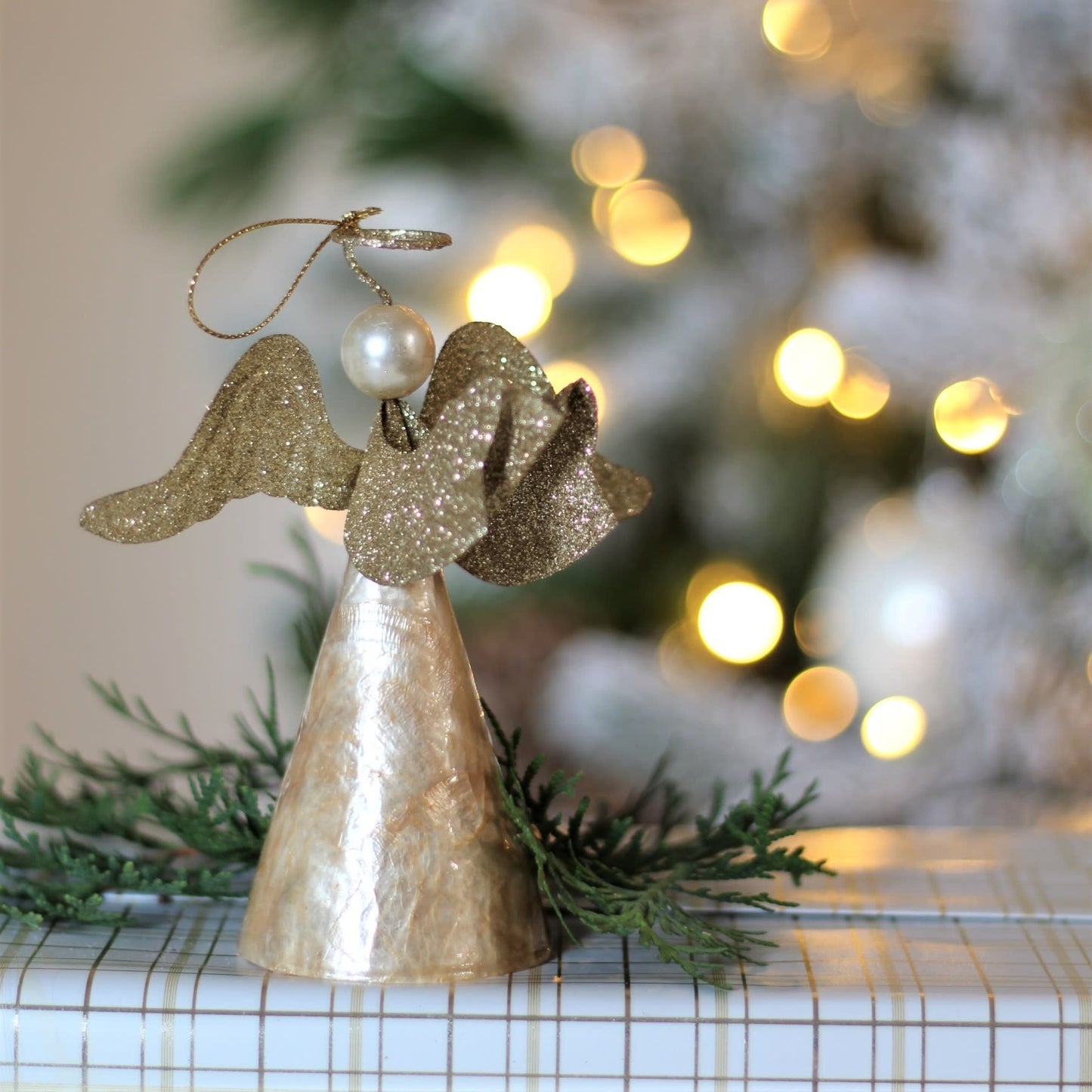Ornament - Angel - Capiz Winged with Book Gold 5.5"